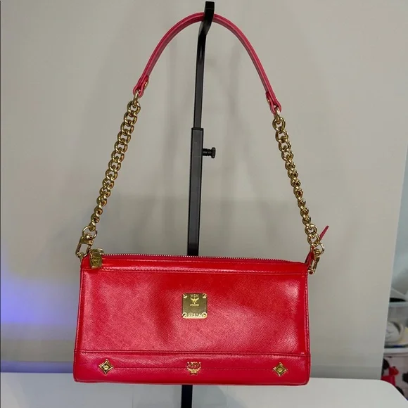 MCM Red Leather Shoulder Bag with Gold Chain - Picture 1 of 16